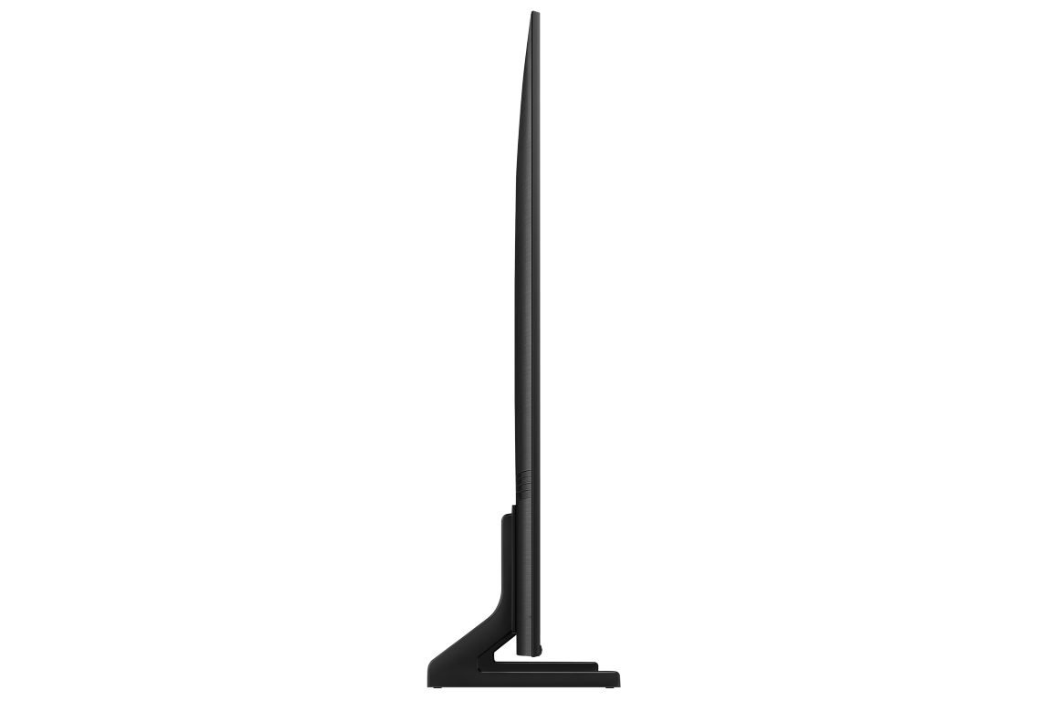 Siyah TV yan görünümü. Ayaklı minimalist tasarım.