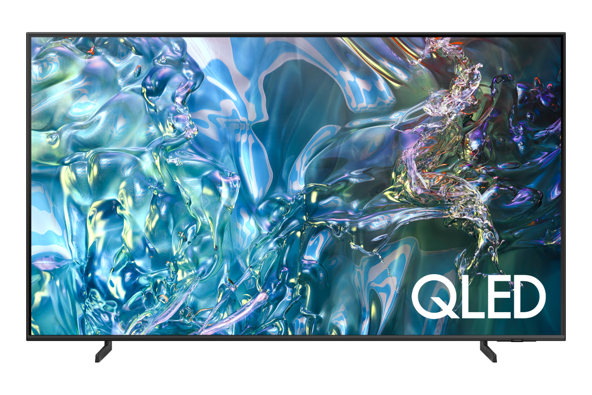 QLED Samsung TV. Ekran, mavi, yeşil ve mor tonlarında dönen soyut bir desen sergiliyor.