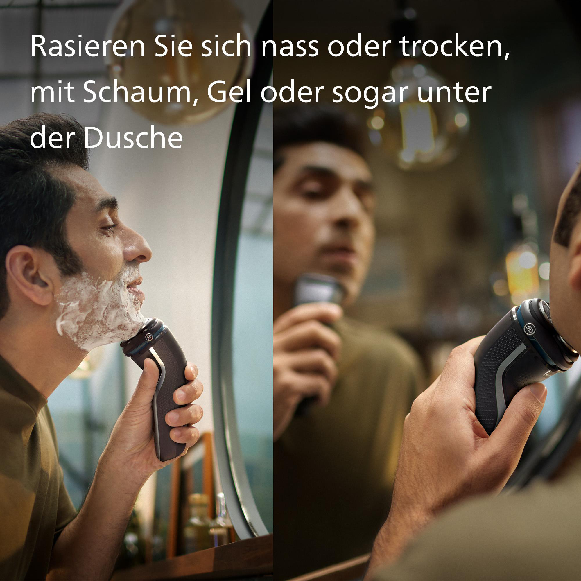 Ein Mann rasiert sich mit Rasierer und Rasiercreme. Der Mann schaut in den Spiegel.