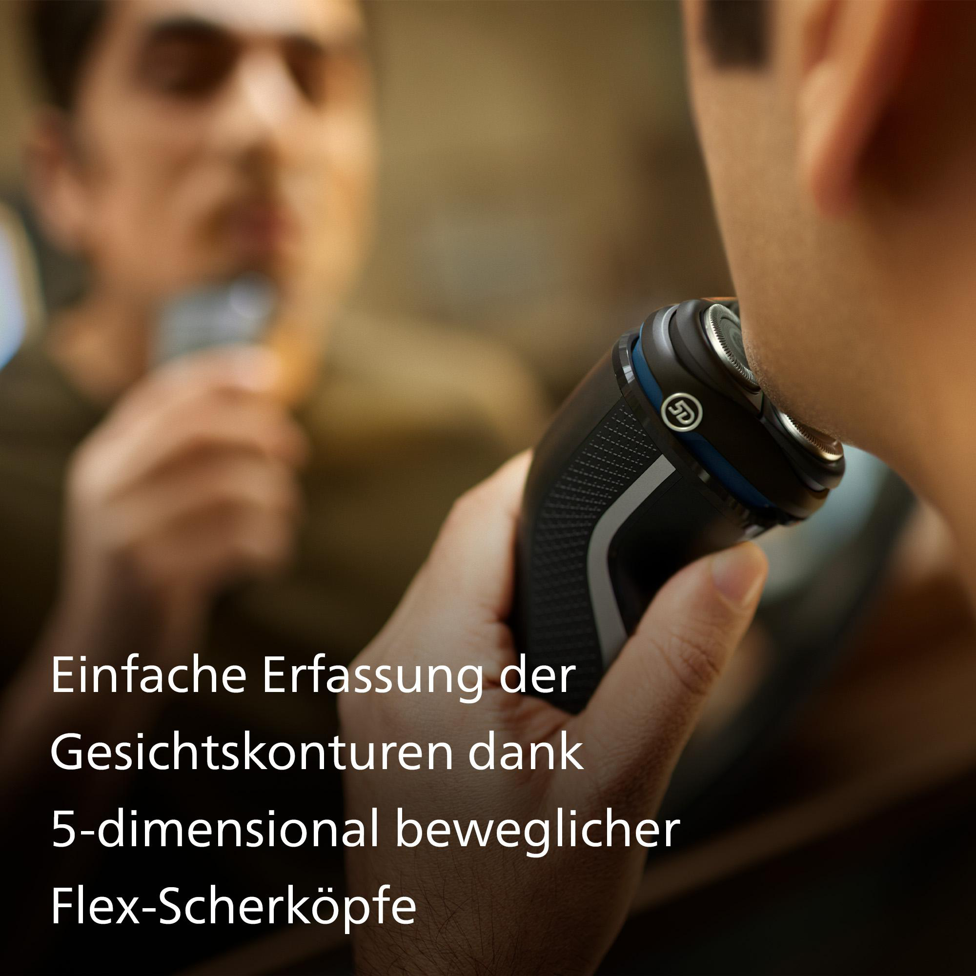 Mann rasiert sich mit Elektrorasierer, Nahaufnahme. Text zeigt einfache Konturerfassung.