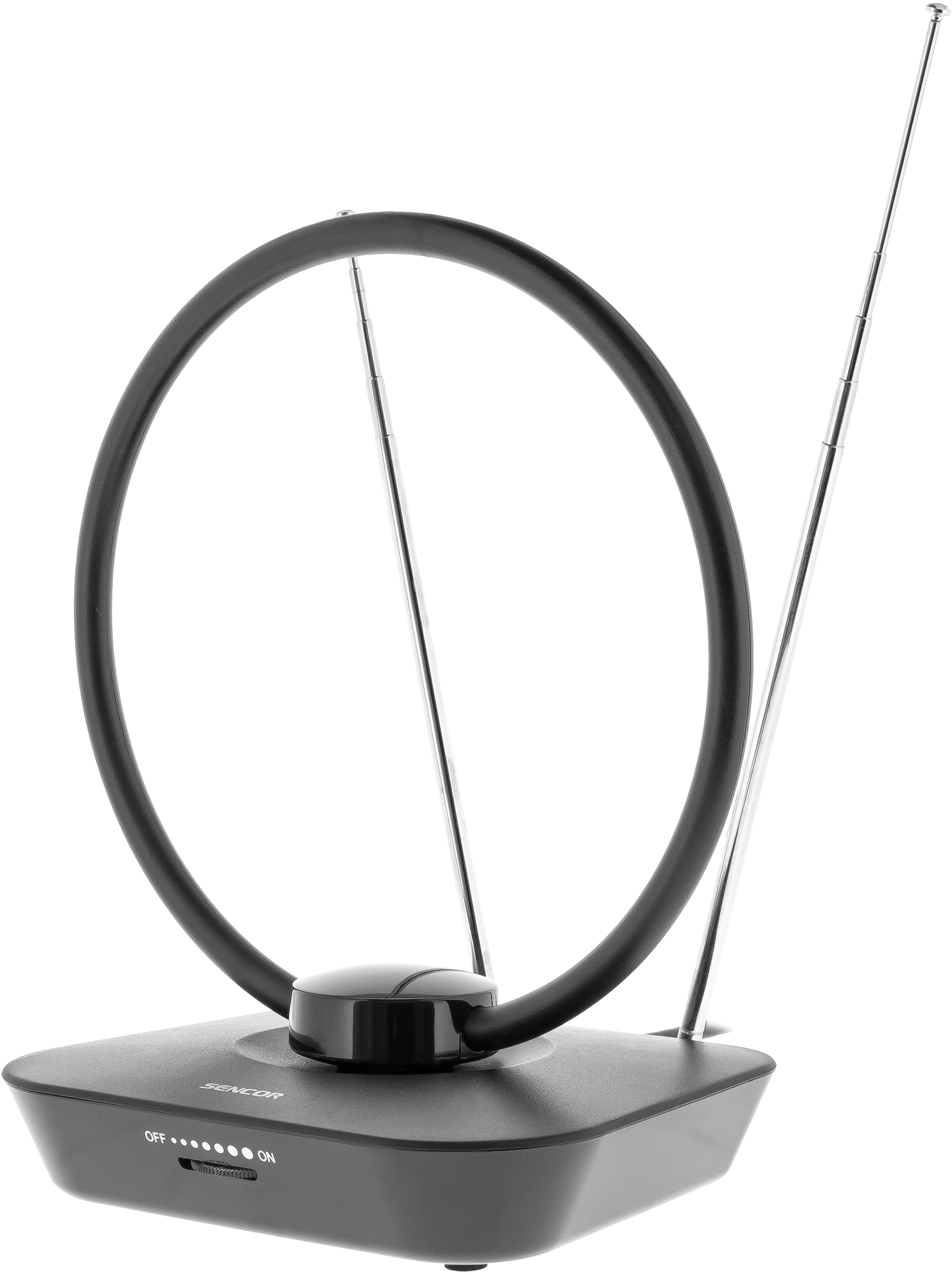 Fekete antenna kör alakú hurok dizájnnal, fehér háttérrel.