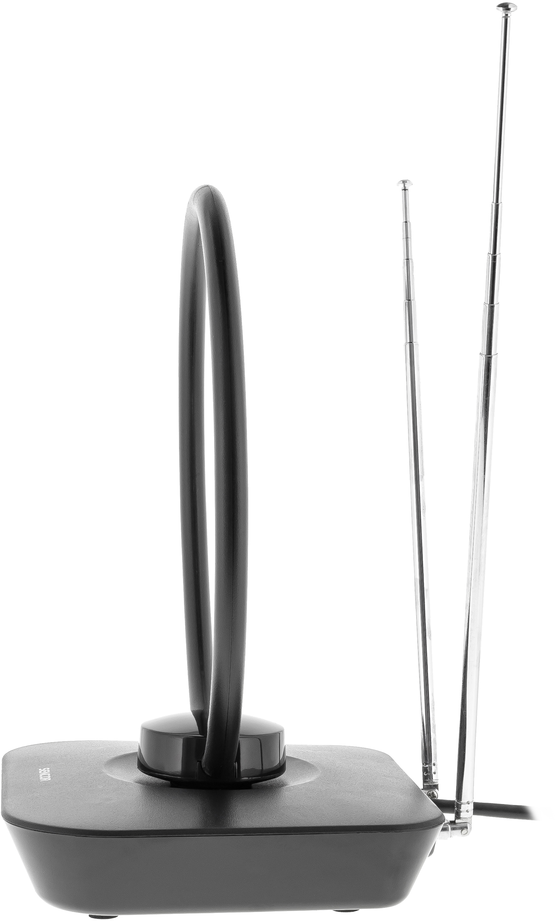 Egy fekete antenna három fém rúddal, amelyek felfelé nyúlnak, és televíziós jelek vételére tervezték.