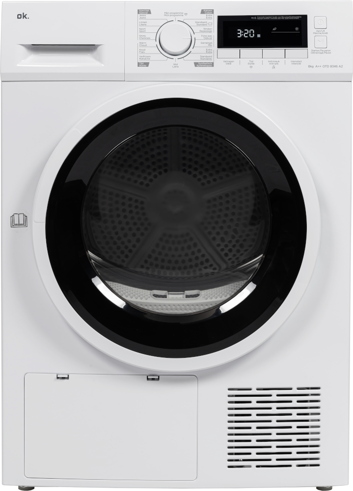 Sèche-linge blanc. L'avant possède une porte noire, un écran et un panneau de commande.