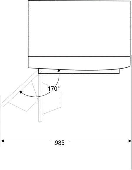 Un schéma montrant un appareil de cuisine avec un angle de 170 degrés et des dimensions en mm.