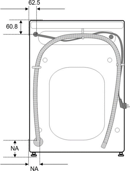 Schéma de l'arrière d'une machine à laver, montrant les dimensions et un tuyau.
