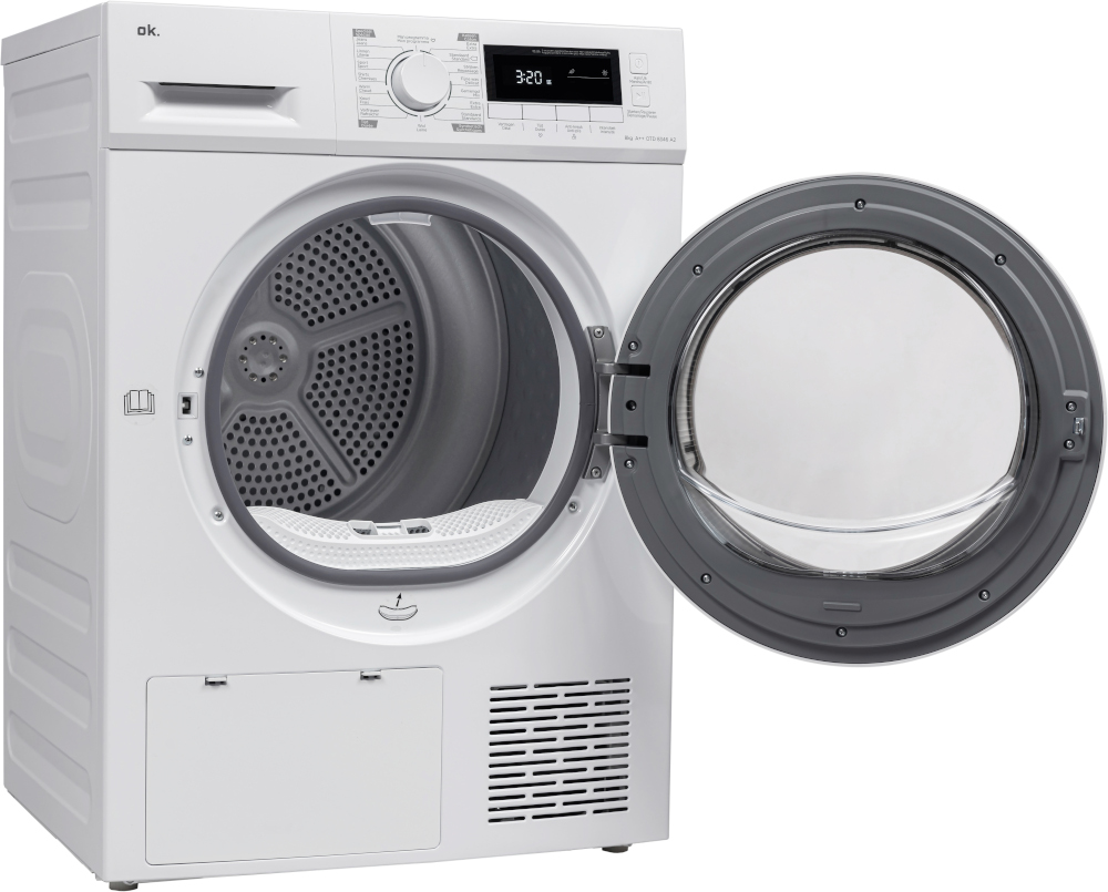 Un sèche-linge blanc avec une porte ouverte. L'intérieur est visible. Commandes et affichage en haut.