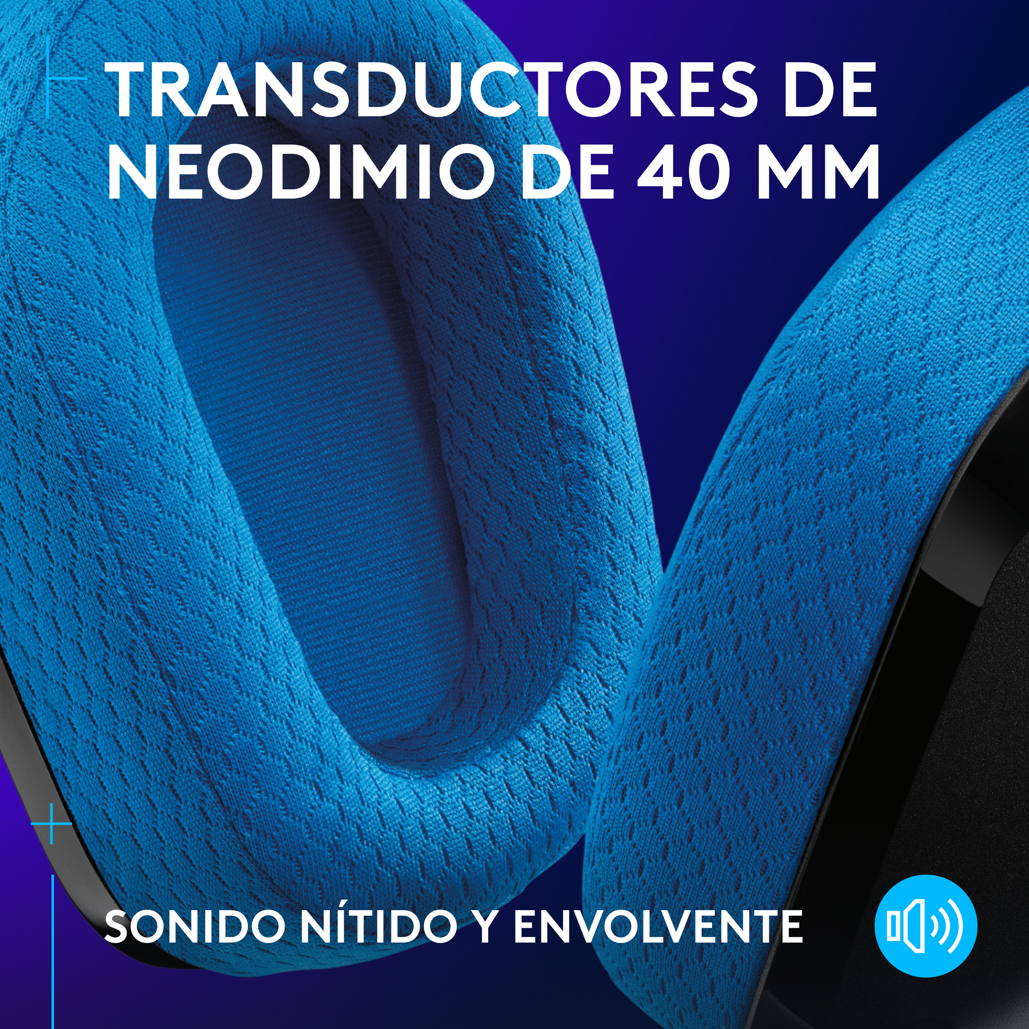 Primer plano de auriculares azules con texto: 'TRANSDUCTORES DE NEODIMIO DE 40 MM'.