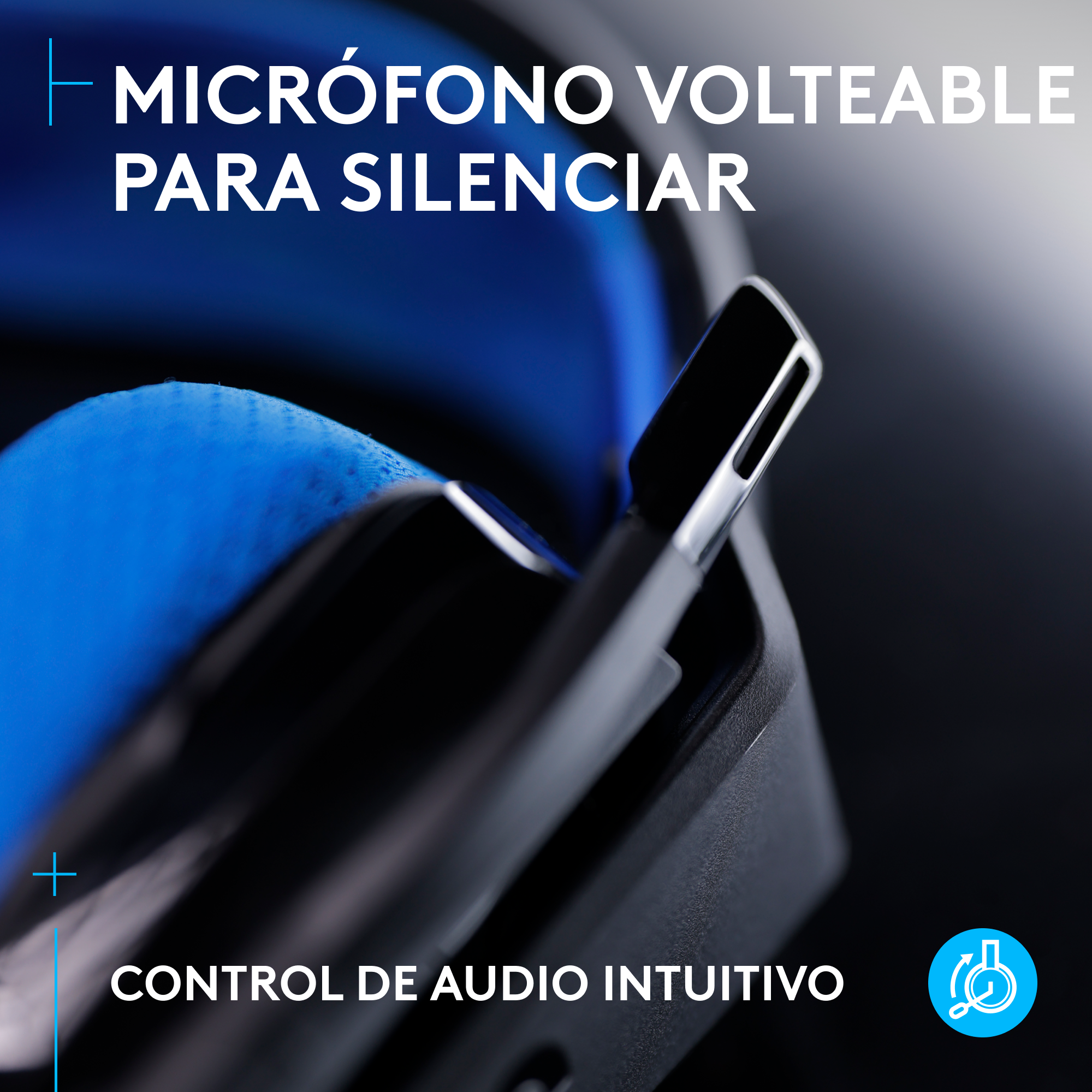 Auriculares negros con acento azul, mostrando texto en español.
