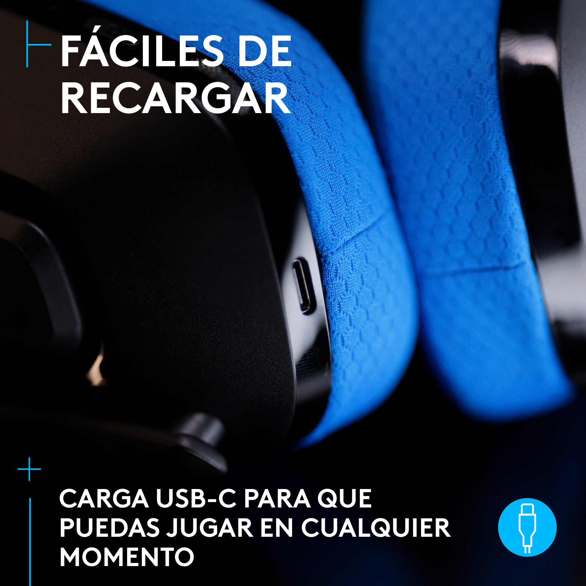 Auriculares con puerto USB-C. Texto: 'Fáciles de recargar' y 'Carga USB-C para que puedas jugar en cualquier momento'.