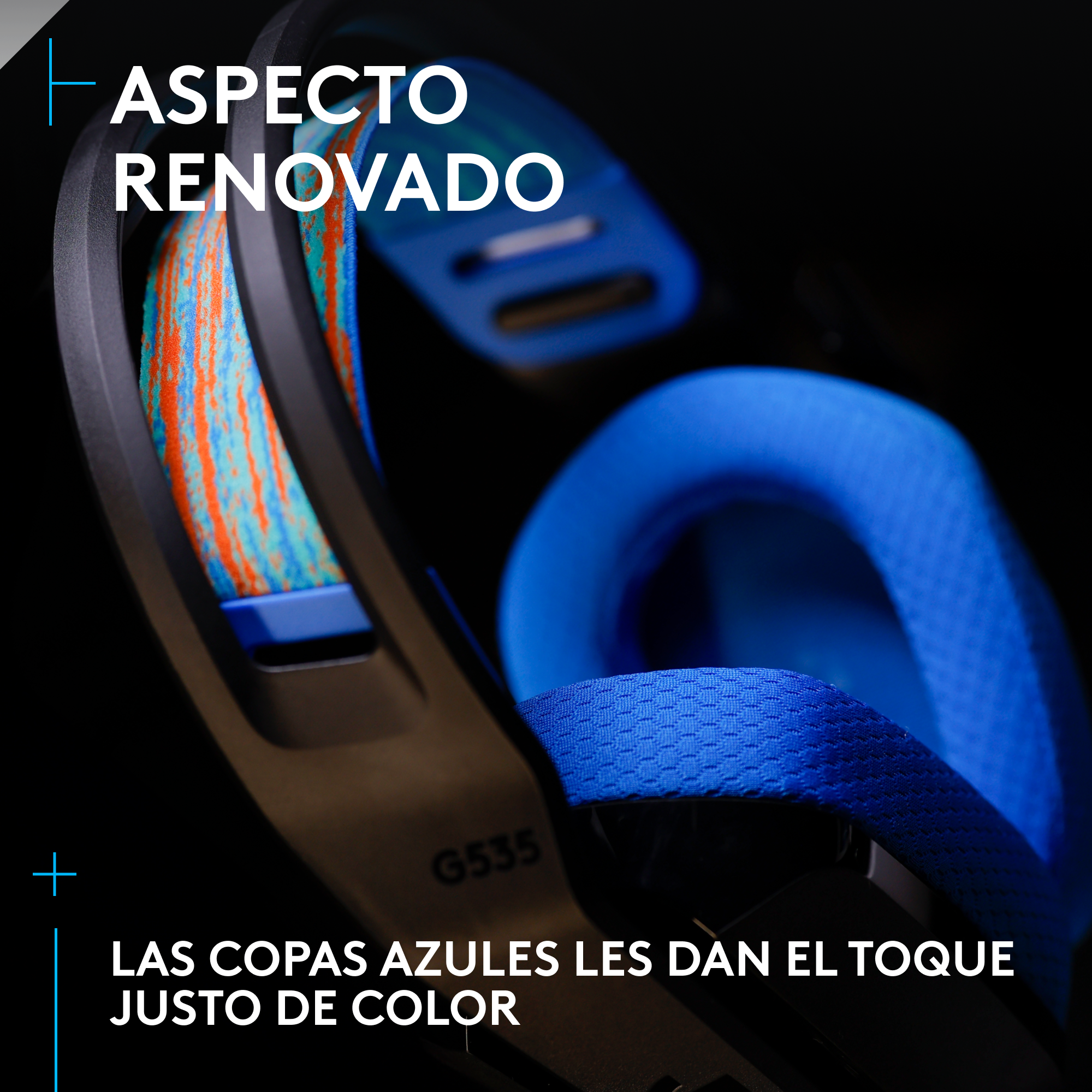 Auriculares con copas azules, banda naranja y azul sobre marco negro. Visible el modelo G535.