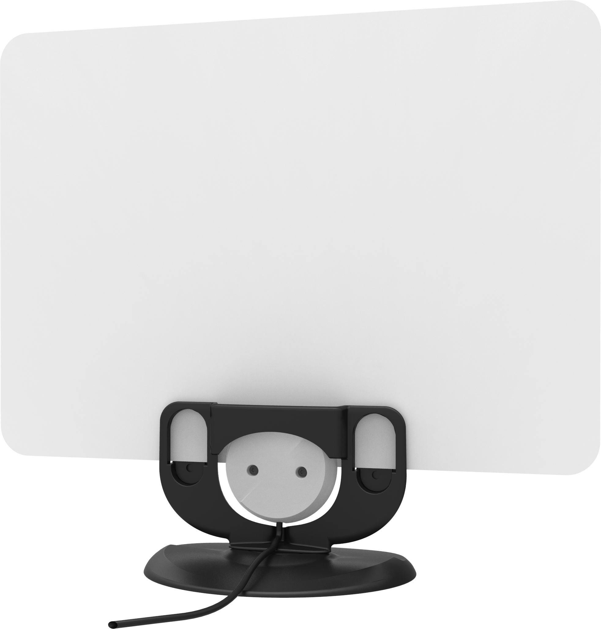 Fehér antenna fekete talppal és kábellel fehér háttérben.