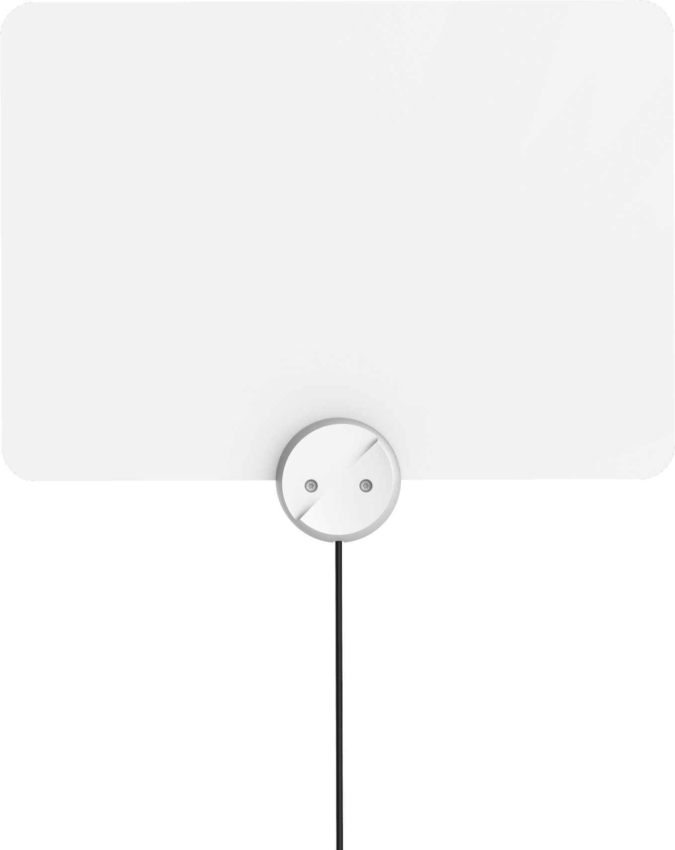 Egy fehér, téglalap alakú beltéri antenna fekete kábellel.
