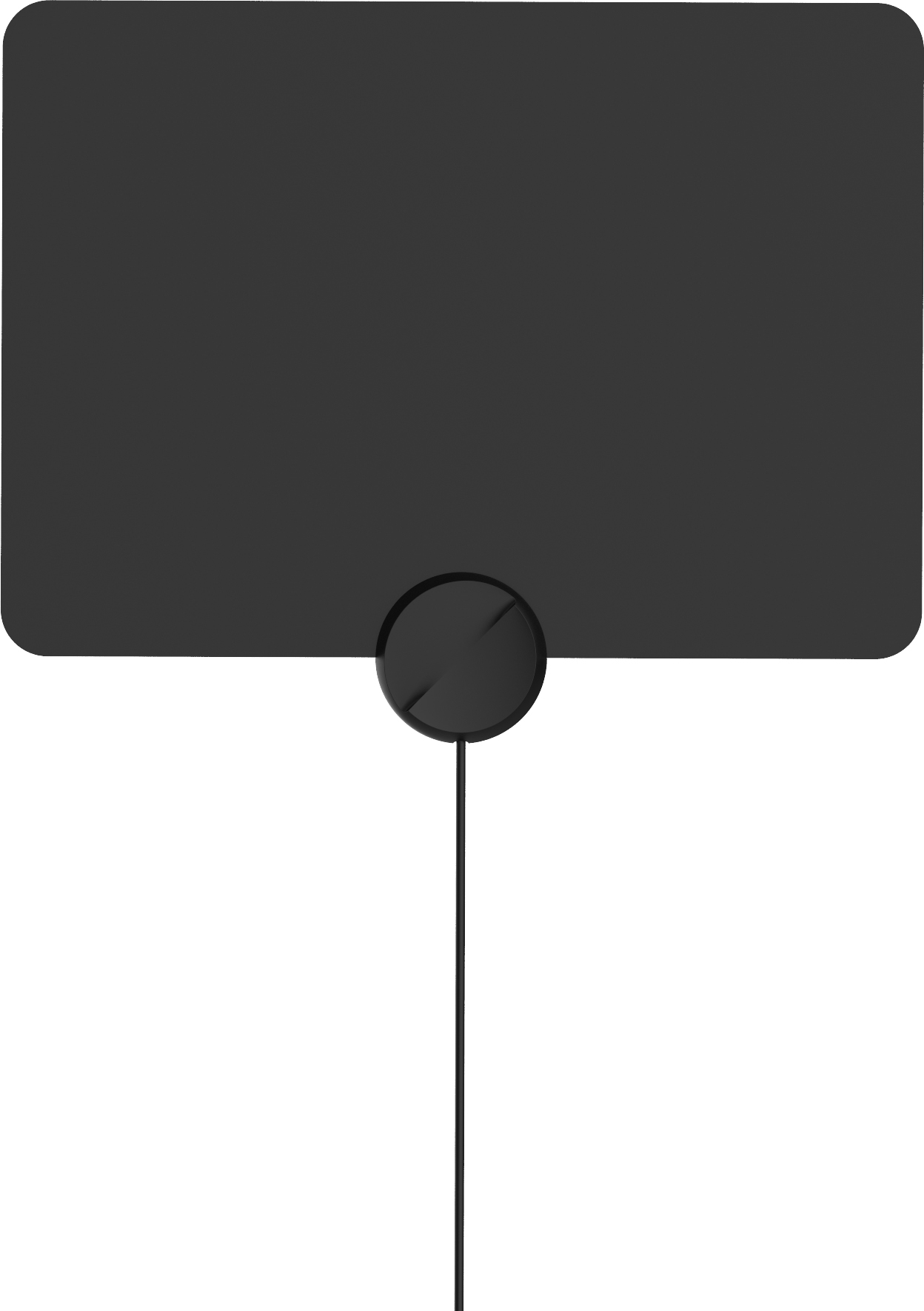 Fekete TV antenna, téglalap alakú, kerek alappal és vékony vezetékkel.