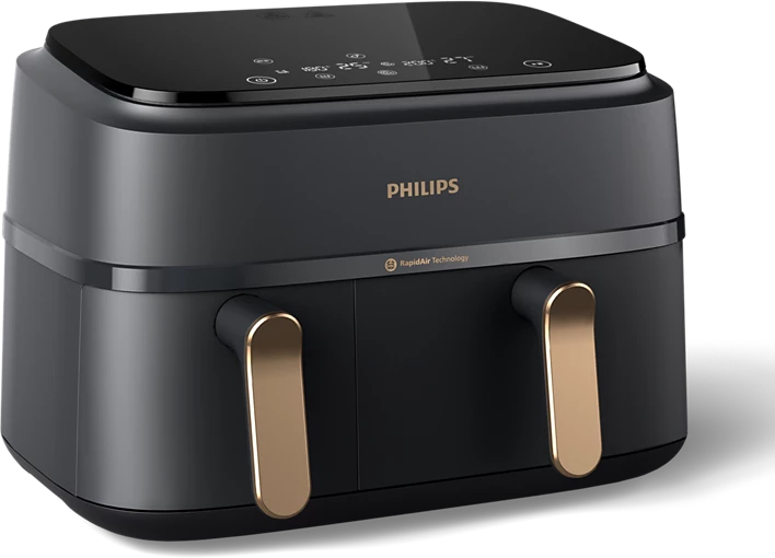 Fekete Philips légkeveréses sütő, arany fogantyúkkal és RapidAir Technology logóval.