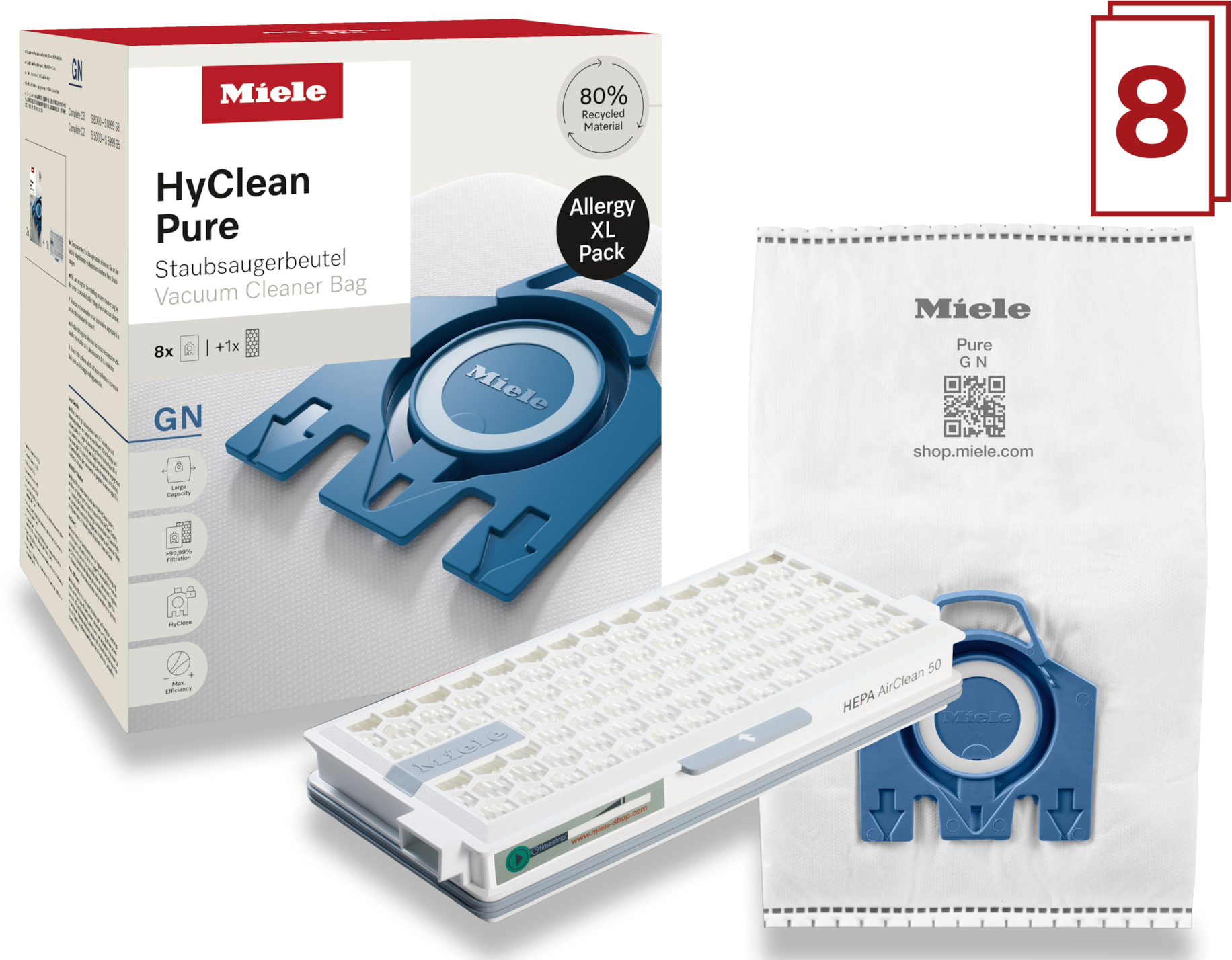 Porszívózsák doboz, szűrő és zsák. A dobozon Miele és HyClean Pure logók láthatók.