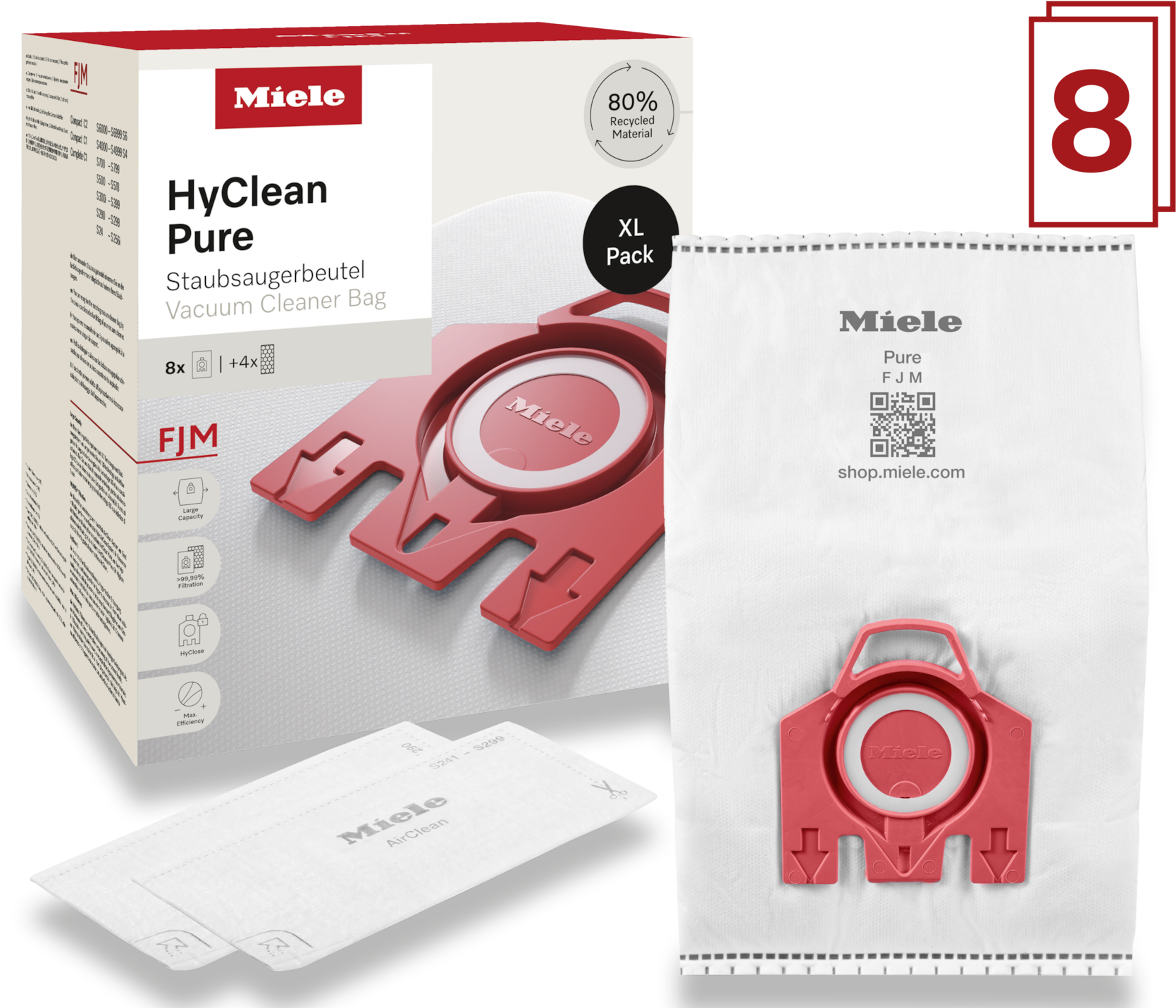 Miele HyClean Pure porszívózsákok és szűrők. Piros zsák design, XL csomaggal.