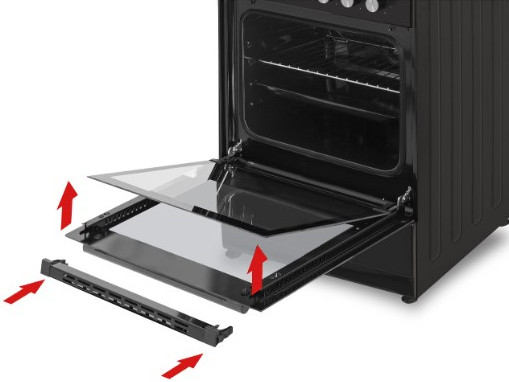 Oven door with glass panels open, arrows pointing up. Black and white.