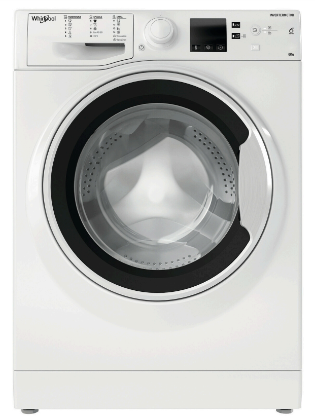 Fehér Whirlpool mosógép kerek ajtóval és vezérlőpanellel felül.