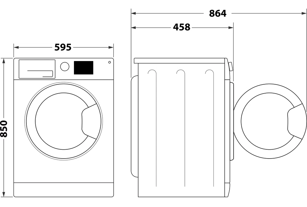 Mosógép diagramja, méretekkel és jellemzőkkel.