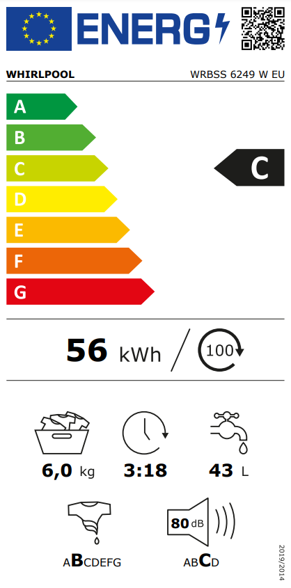 Energia címke Whirlpool mosógéphez, C energiahatékonysági osztállyal.