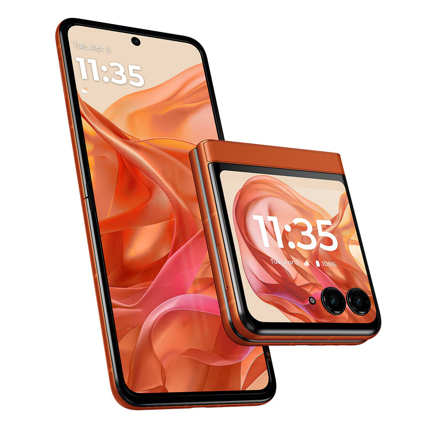 Teléfono plegable naranja abierto y cerrado. La pantalla muestra la hora y un fondo floral, el teléfono es nuevo.