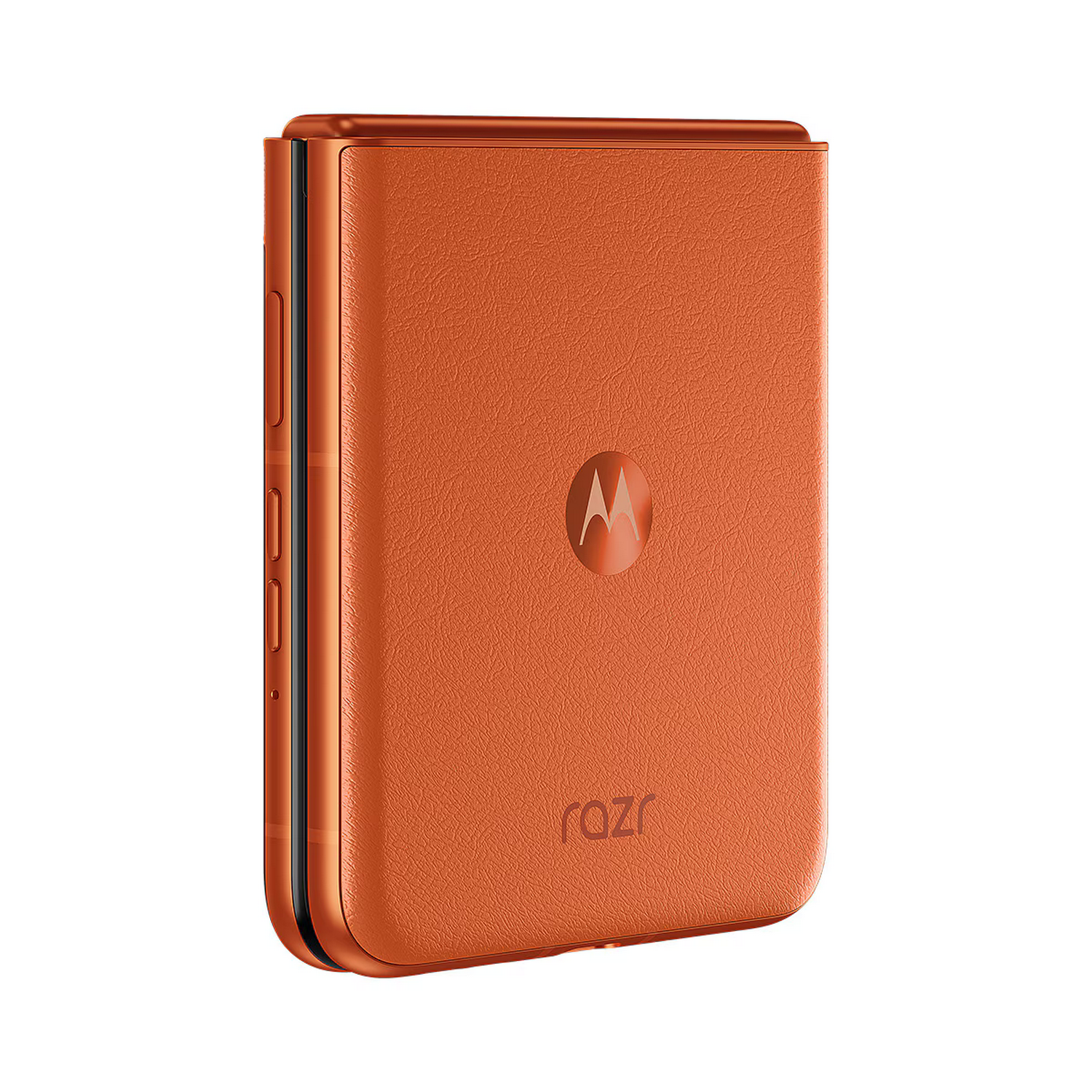 Teléfono plegable naranja cerrado. Logotipo de Motorola Razr visible.