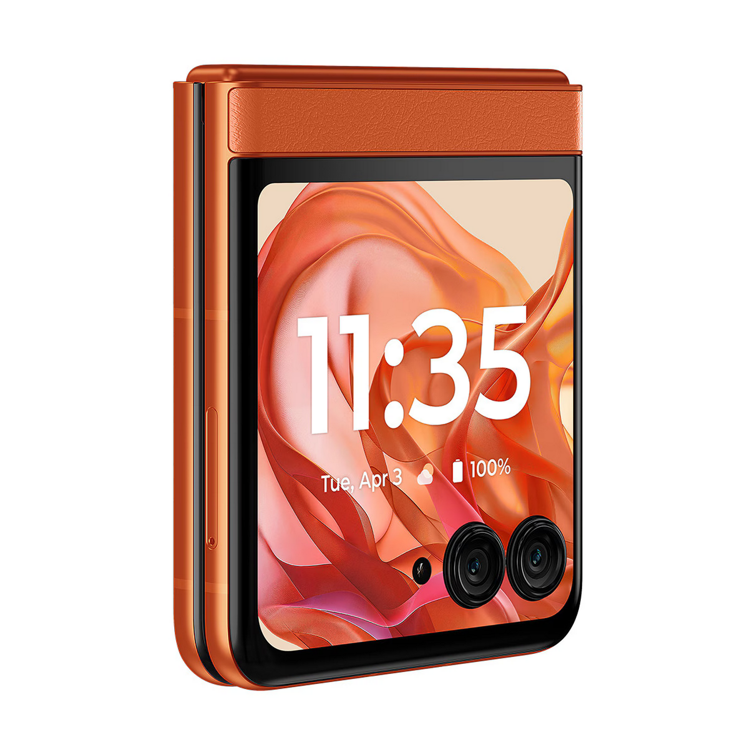 Smartphone naranja plegable con hora mostrada, mostrando la pantalla abierta.