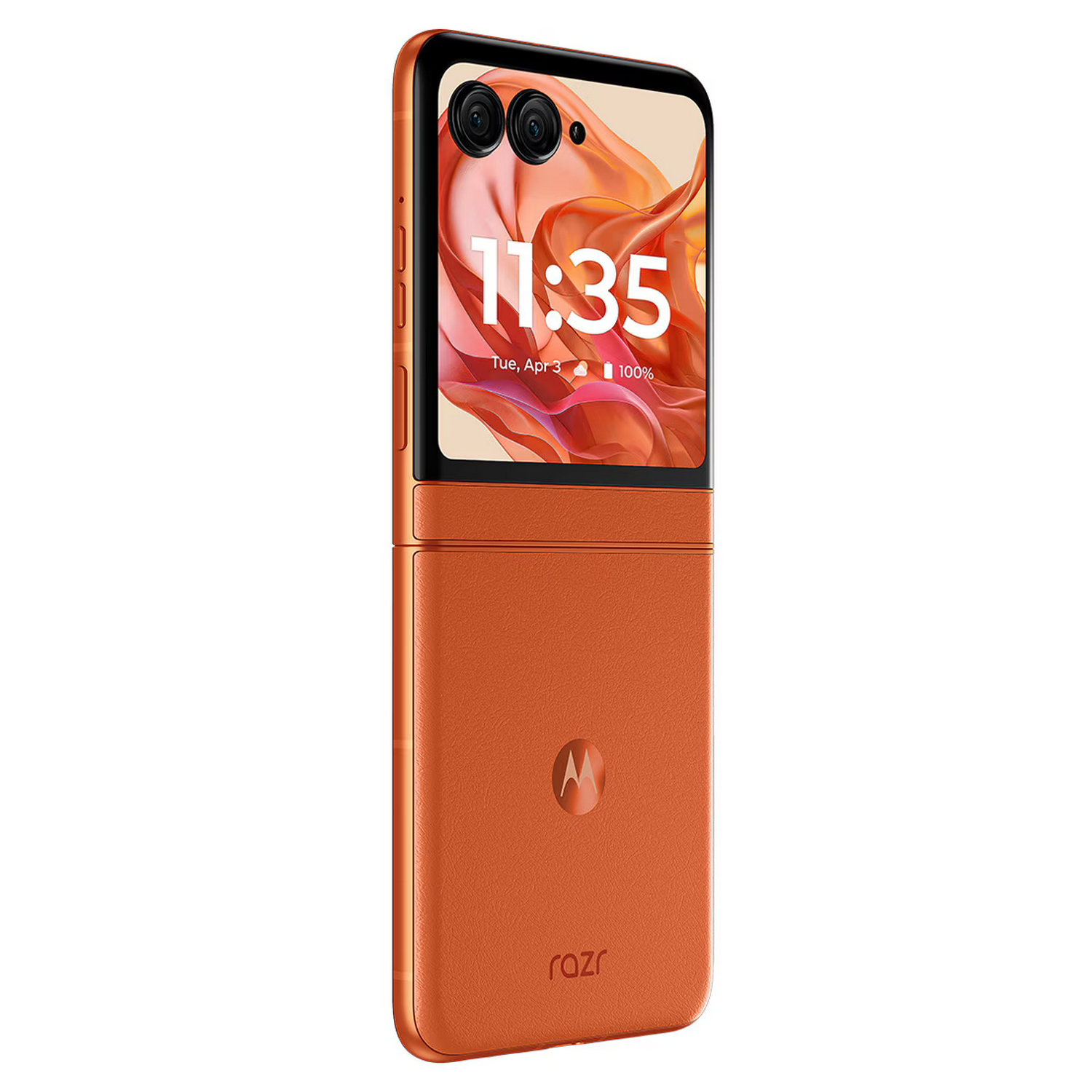 Teléfono plegable naranja, parcialmente abierto, mostrando un reloj digital. Logotipo de la marca visible en la parte inferior.