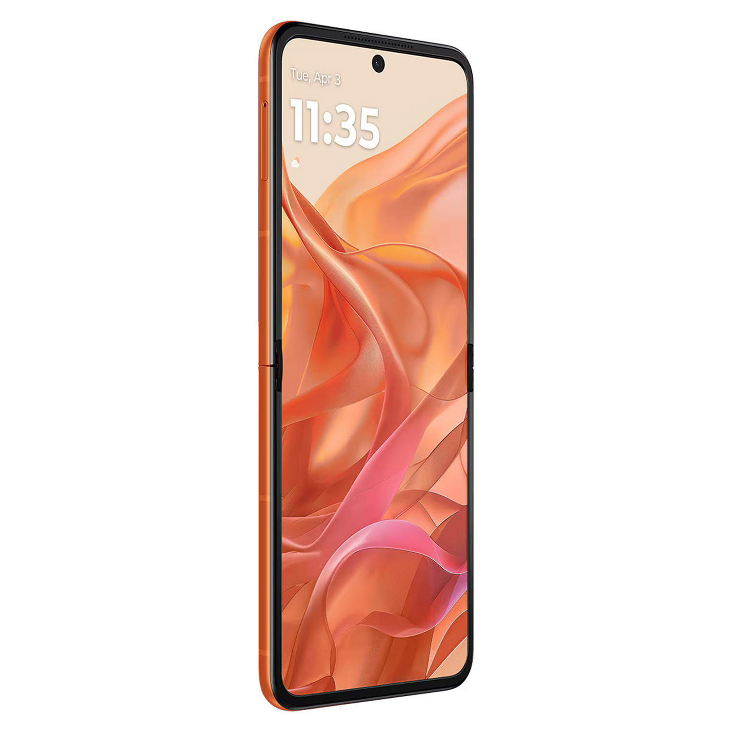 Teléfono plegable naranja. El teléfono está abierto. La pantalla muestra un diseño abstracto. Fondo blanco.