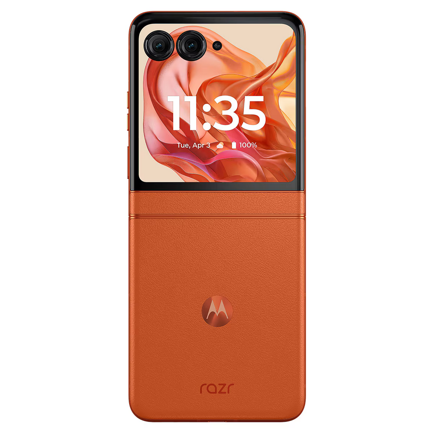 Teléfono plegable Motorola Razr naranja, abierto para mostrar una pantalla con la hora.
