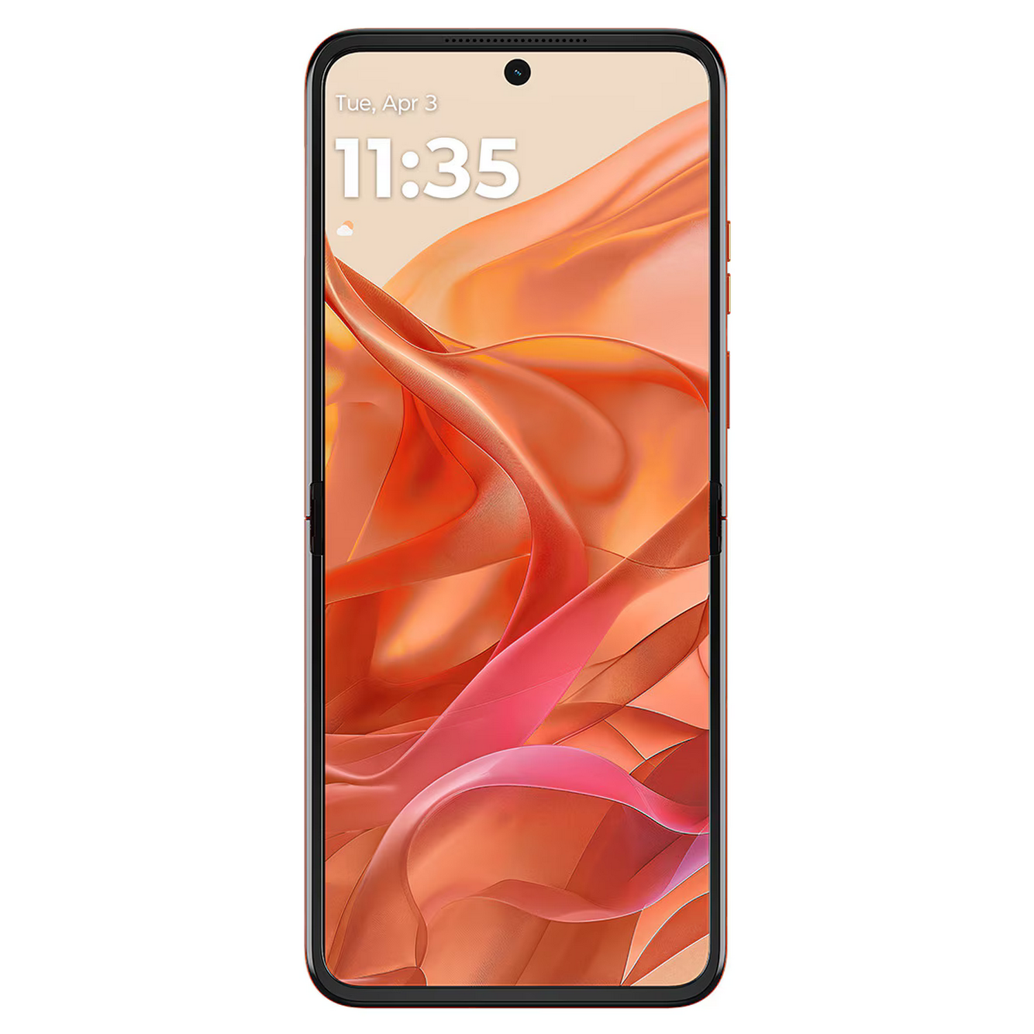 Un smartphone negro que muestra la hora y un fondo abstracto colorido.