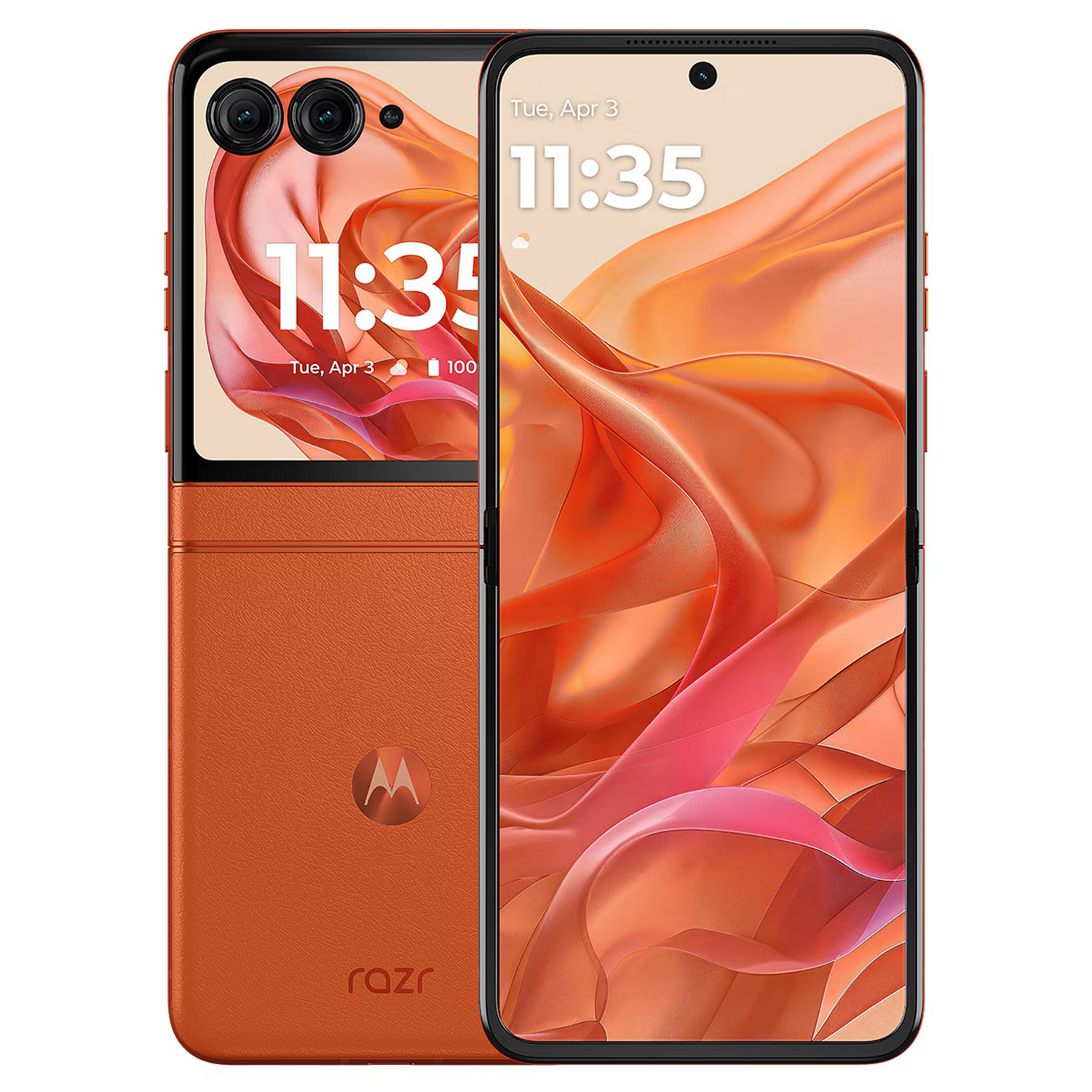 Teléfono naranja, cerrado. Muestra la hora y la fecha, y la parte trasera tiene un logo.