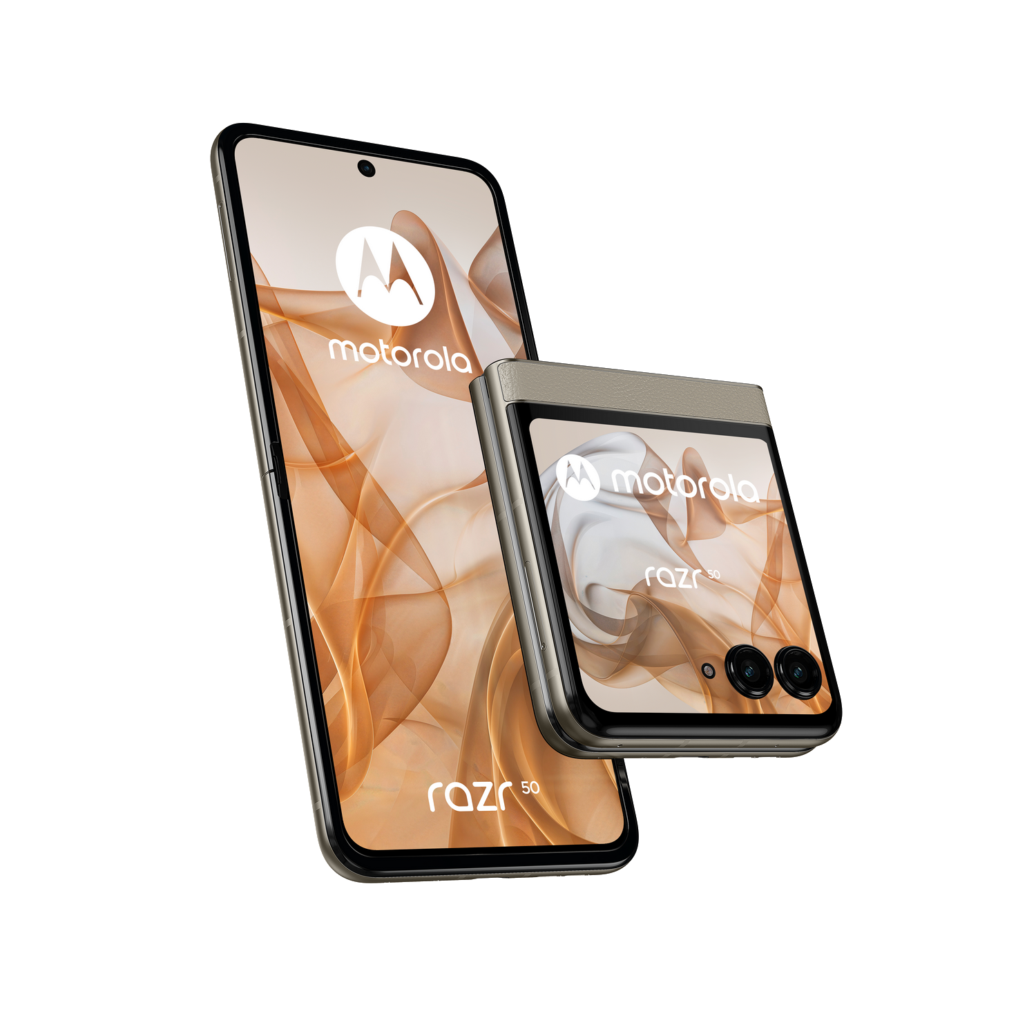 Dos teléfonos Motorola Razr, uno abierto y otro cerrado. Ambos son grises y tienen el logotipo de Motorola.