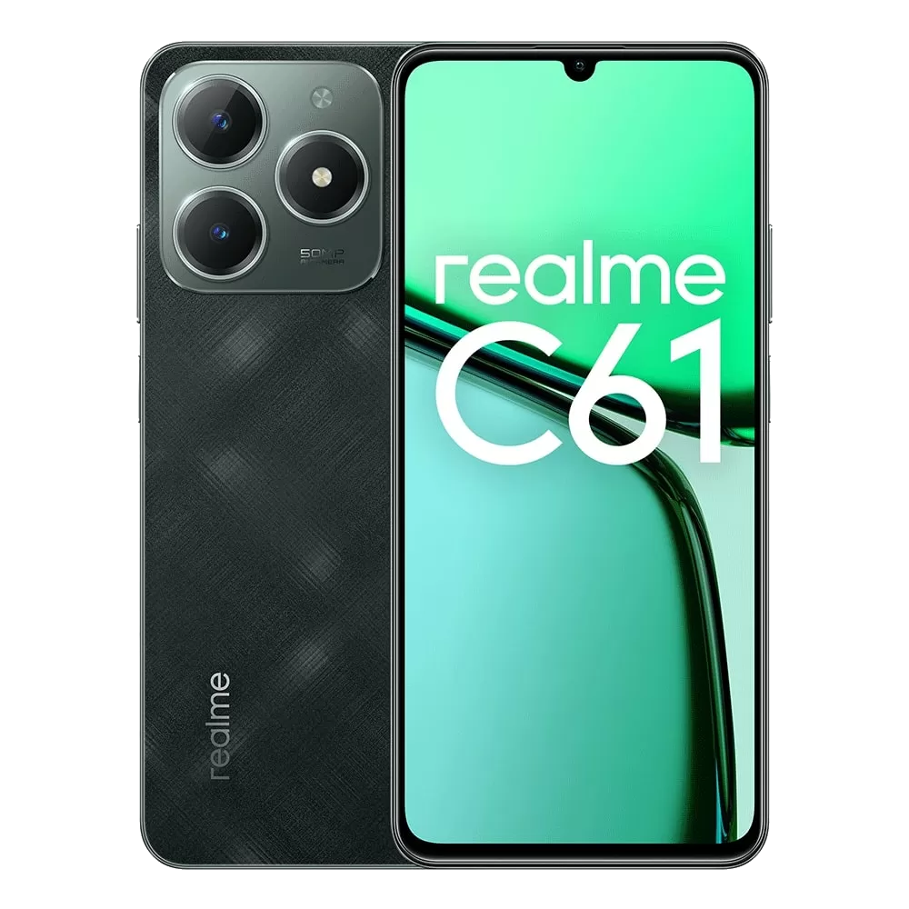 Teléfono Realme C61, parte trasera verde con cámara y pantalla, texto blanco.