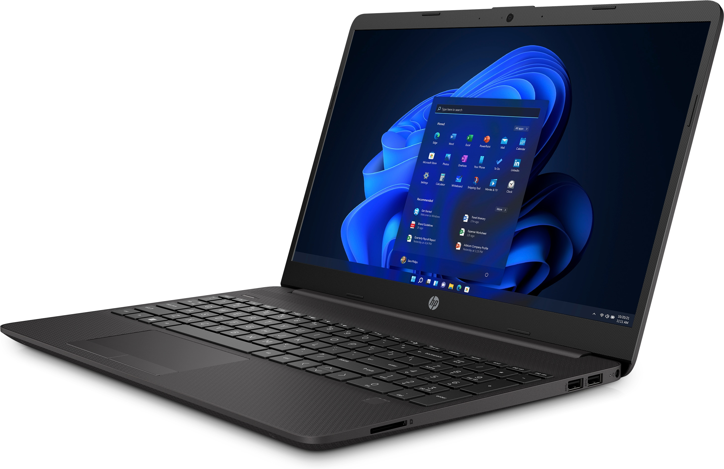Portátil HP negro, abierto, sobre una superficie oscura.