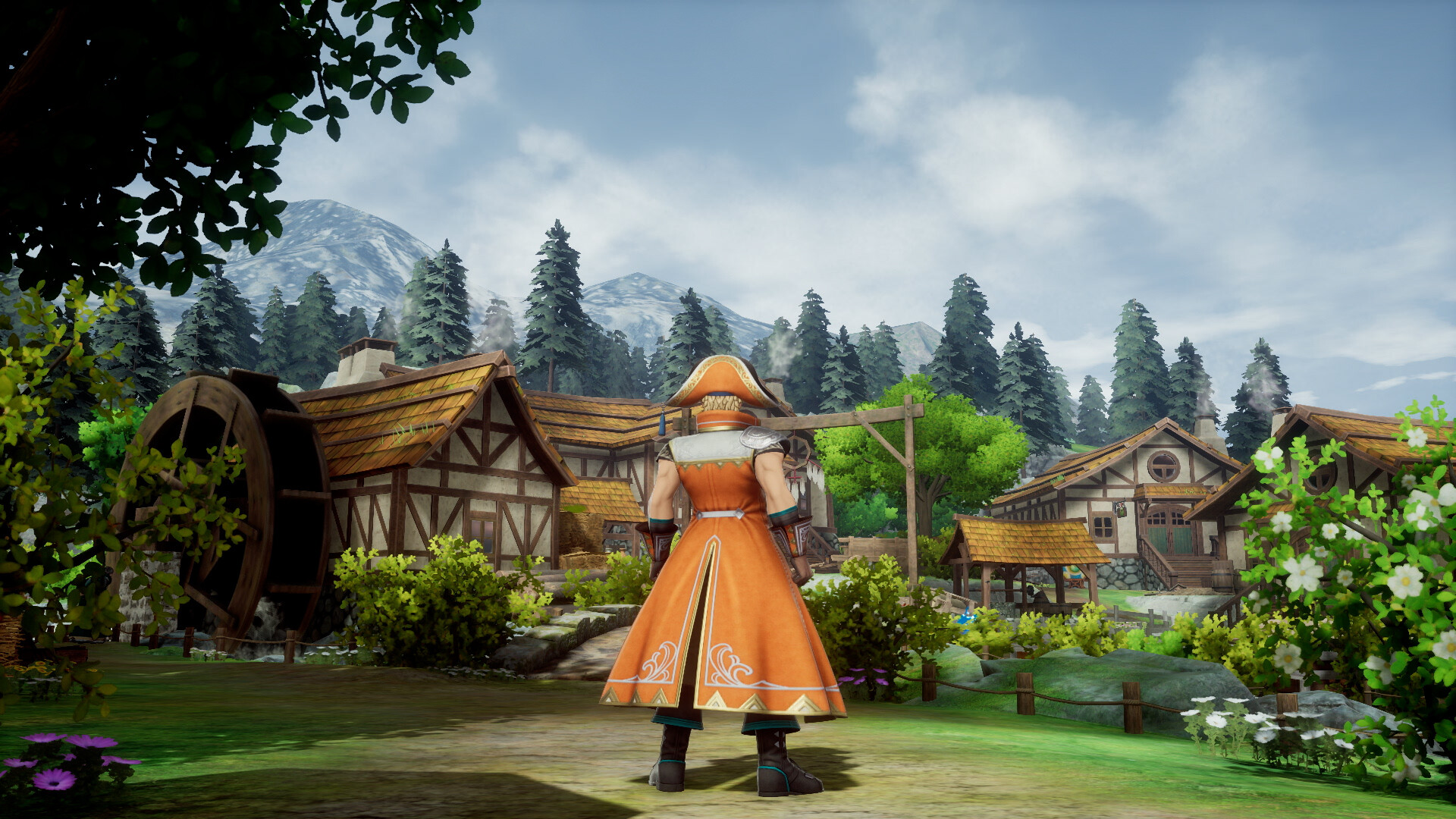 Anime-Figur in orangefarbenem Mantel steht vor einem Dorf. Grüne Bäume und Berge im Hintergrund.