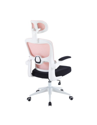Silla de oficina blanca y rosa. Respaldo y reposacabezas visibles.
