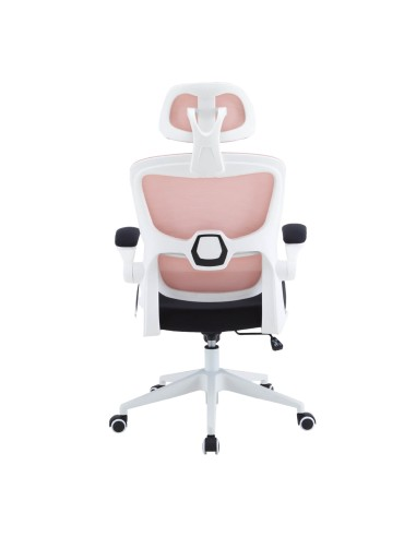 Silla de oficina blanca y rosa, vista trasera, con reposacabezas y ruedas.