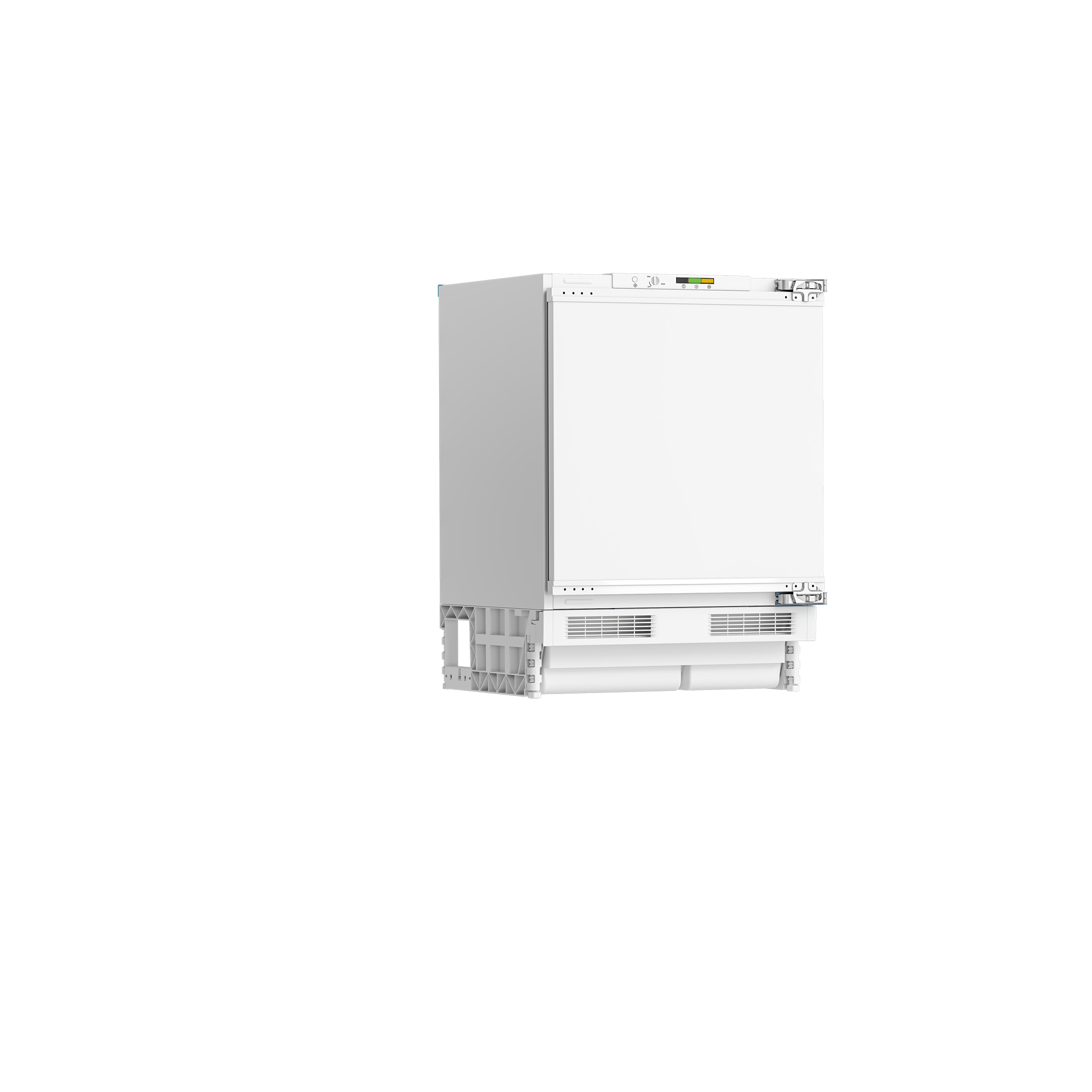 Un refrigerador blanco contra un fondo negro.