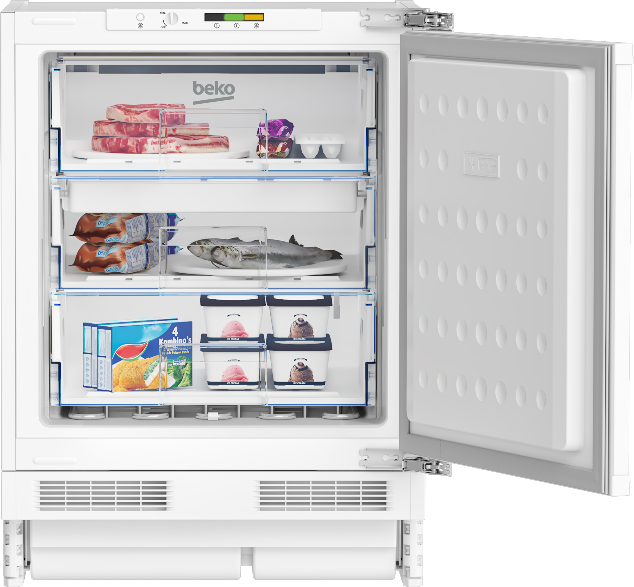 Congelador Beko blanco abierto que muestra alimentos congelados, incluyendo helados y comidas preparadas.