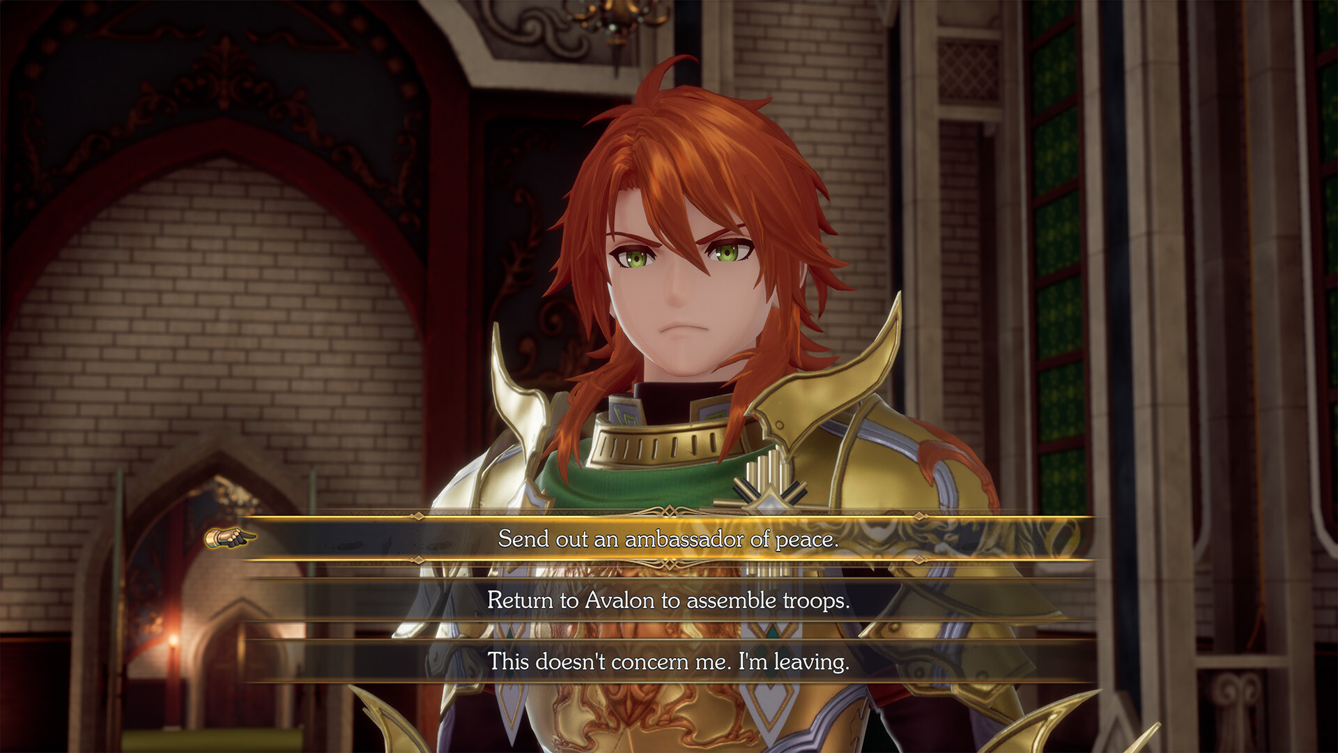 Un personnage d'un jeu avec des options de dialogue. Le personnage est dans une salle.