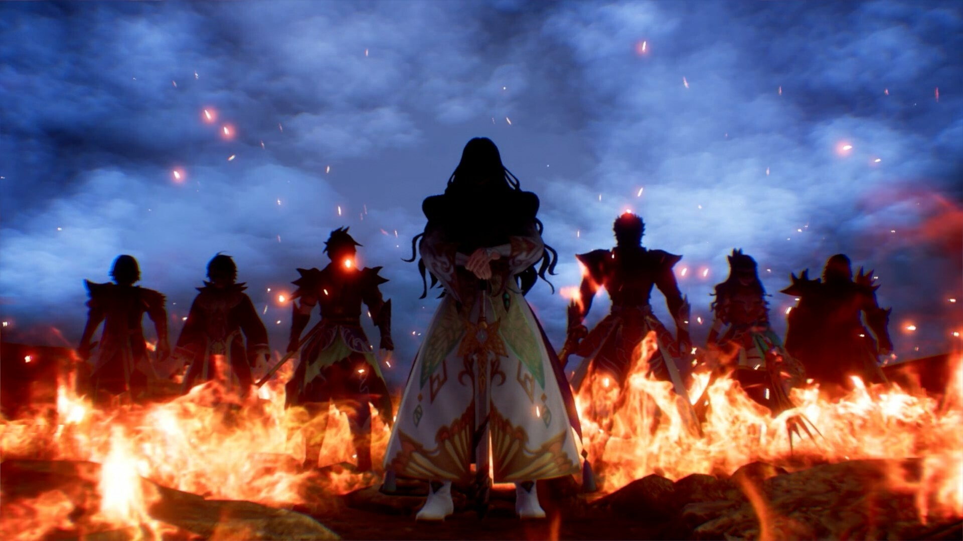 Groupe de personnages debout devant un feu, avec un ciel sombre en arrière-plan.