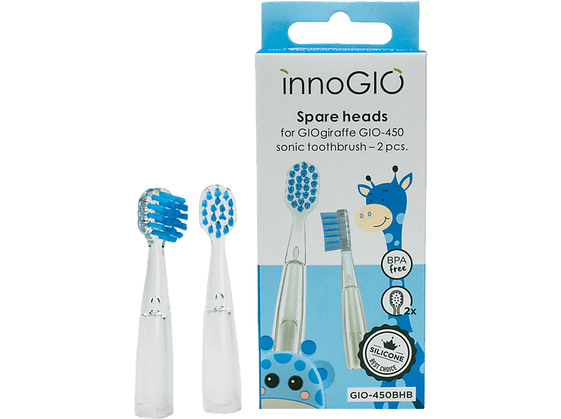 Recambio para cepillo dental - InnoGIO GIO-450BH, Compatible con GIOgiraffe y GIOrabbit, 2x Cabezales, Libre BPA, Silicona, Azul