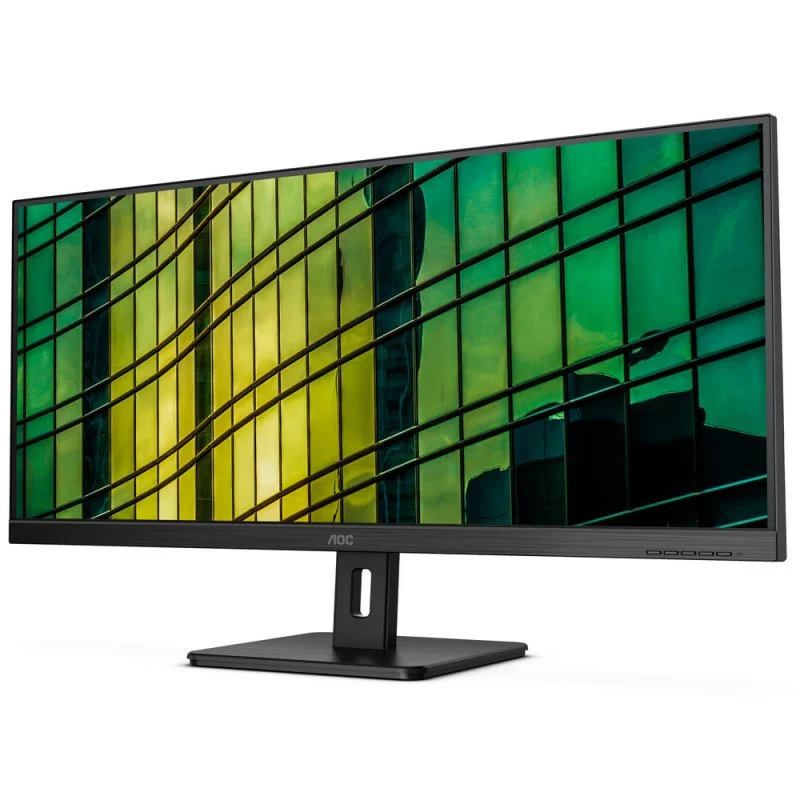 Monitor de computadora AOC con una imagen de edificio de vidrio reflectante en la pantalla y un soporte negro.