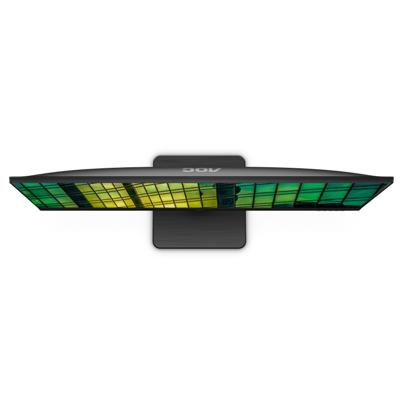 Vista cenital de un monitor AOC negro con soporte negro. Pantalla muestra colores verde y amarillo.