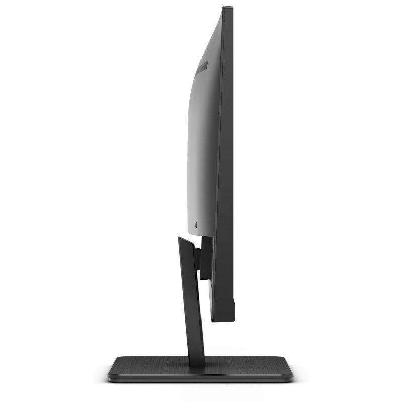 Un monitor de computadora visto de lado, negro, con un soporte y una base negra.