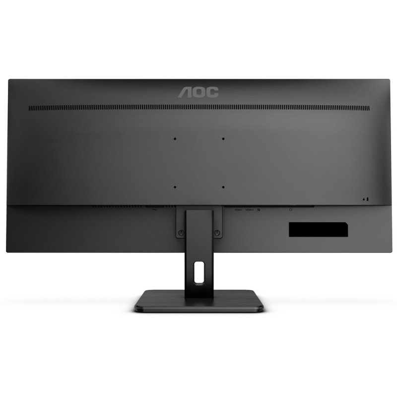 Parte trasera de un monitor AOC negro con soporte, mostrando puertos y ventilación.