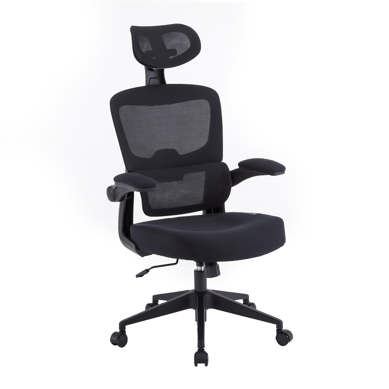 Silla de oficina ergonómica negra con respaldo y reposacabezas de malla, sobre fondo blanco.