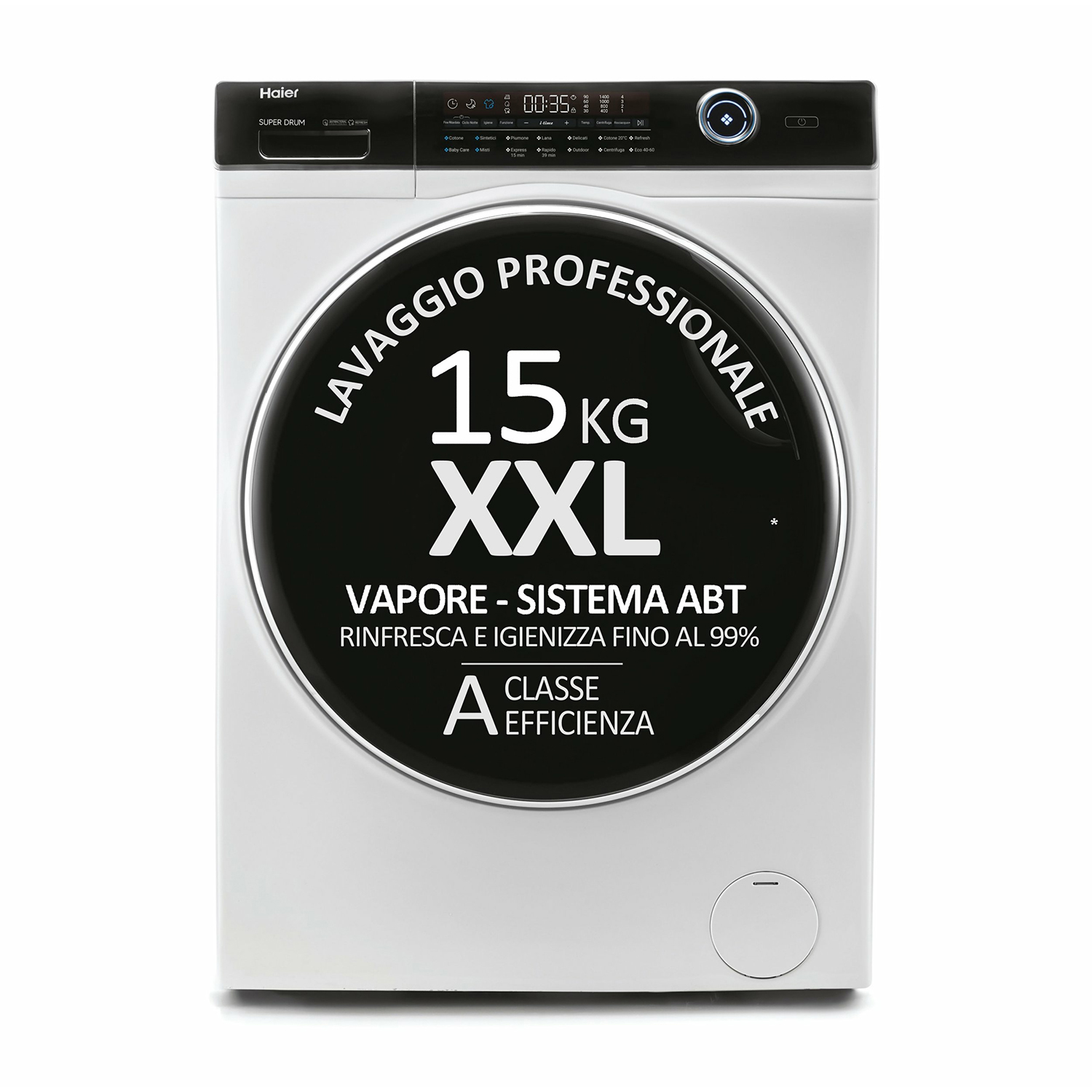 Una lavatrice Haier bianca con una prominente etichetta XXL.