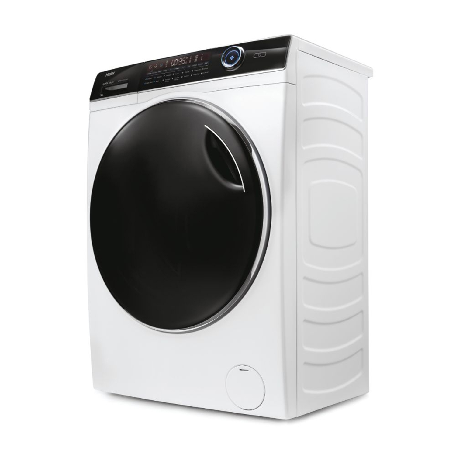 Lavatrice bianca con porta nera e display digitale. Isolato su sfondo bianco.